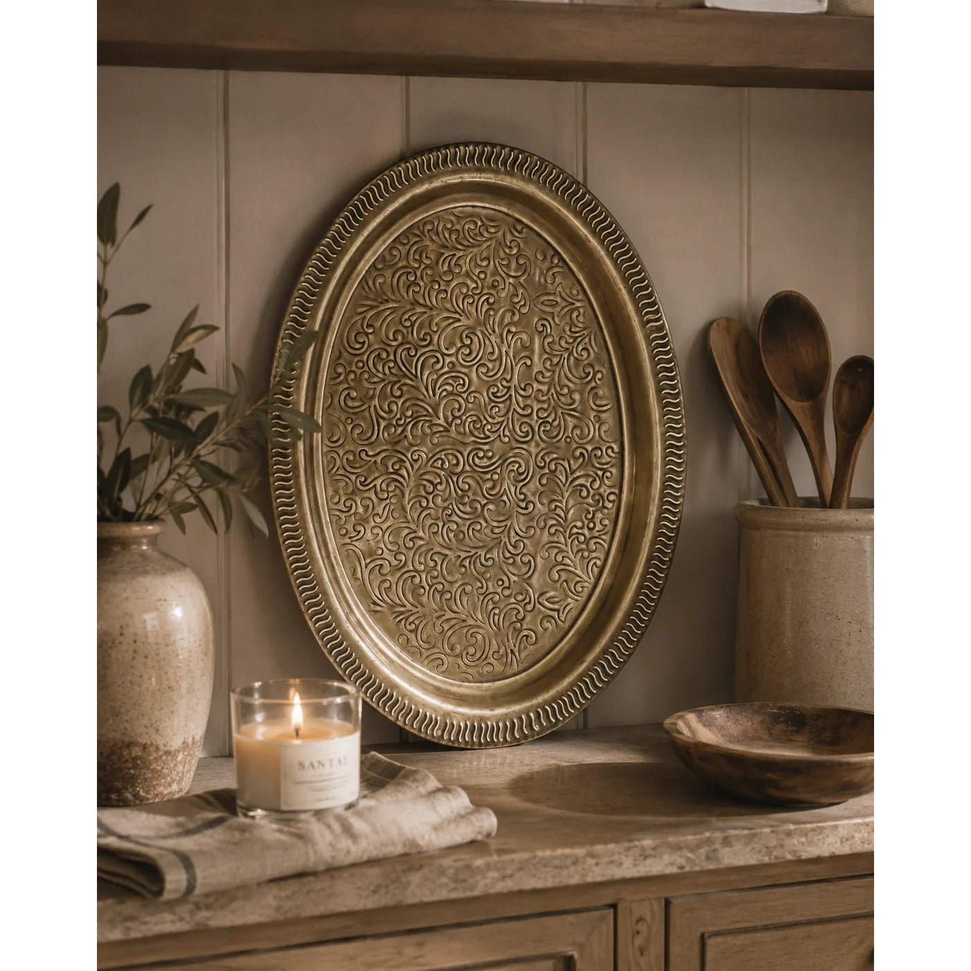 Ornate Taupe Enamel Decorative Oval Platter