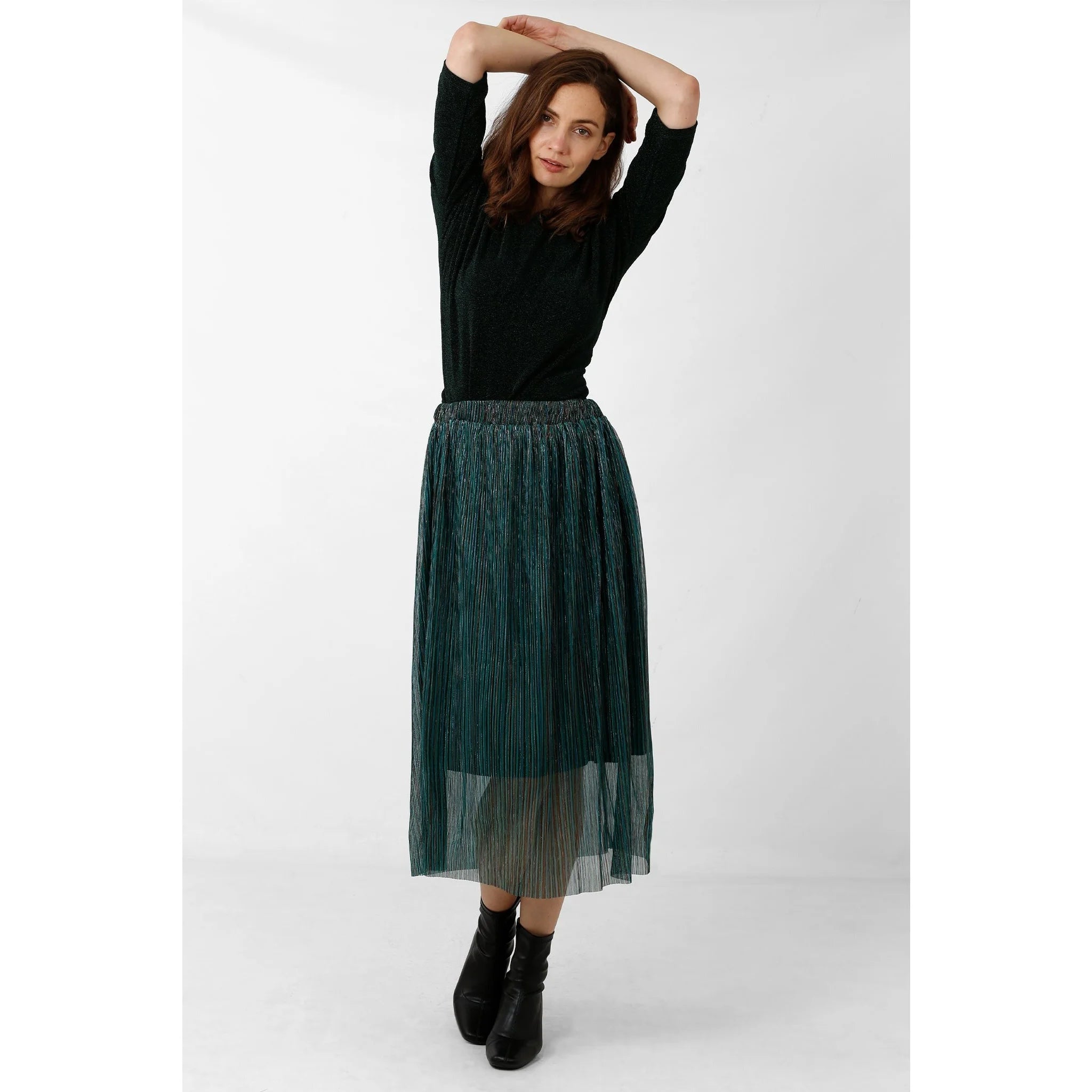 Stripe Green Metallic Pleated Skirt