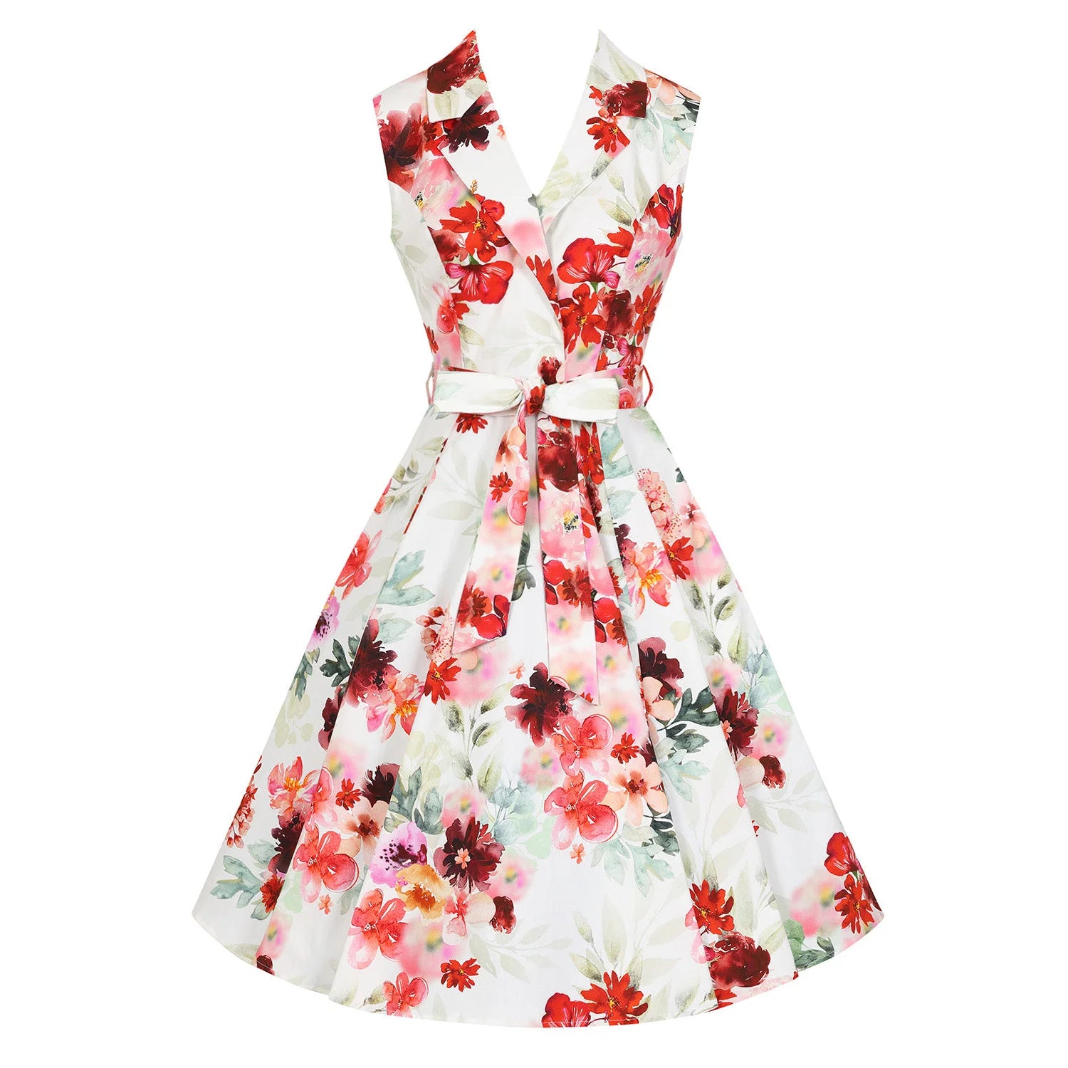 White Red Floral Rockabilly Sleeveless 50s Audrey Swing Tea Dress