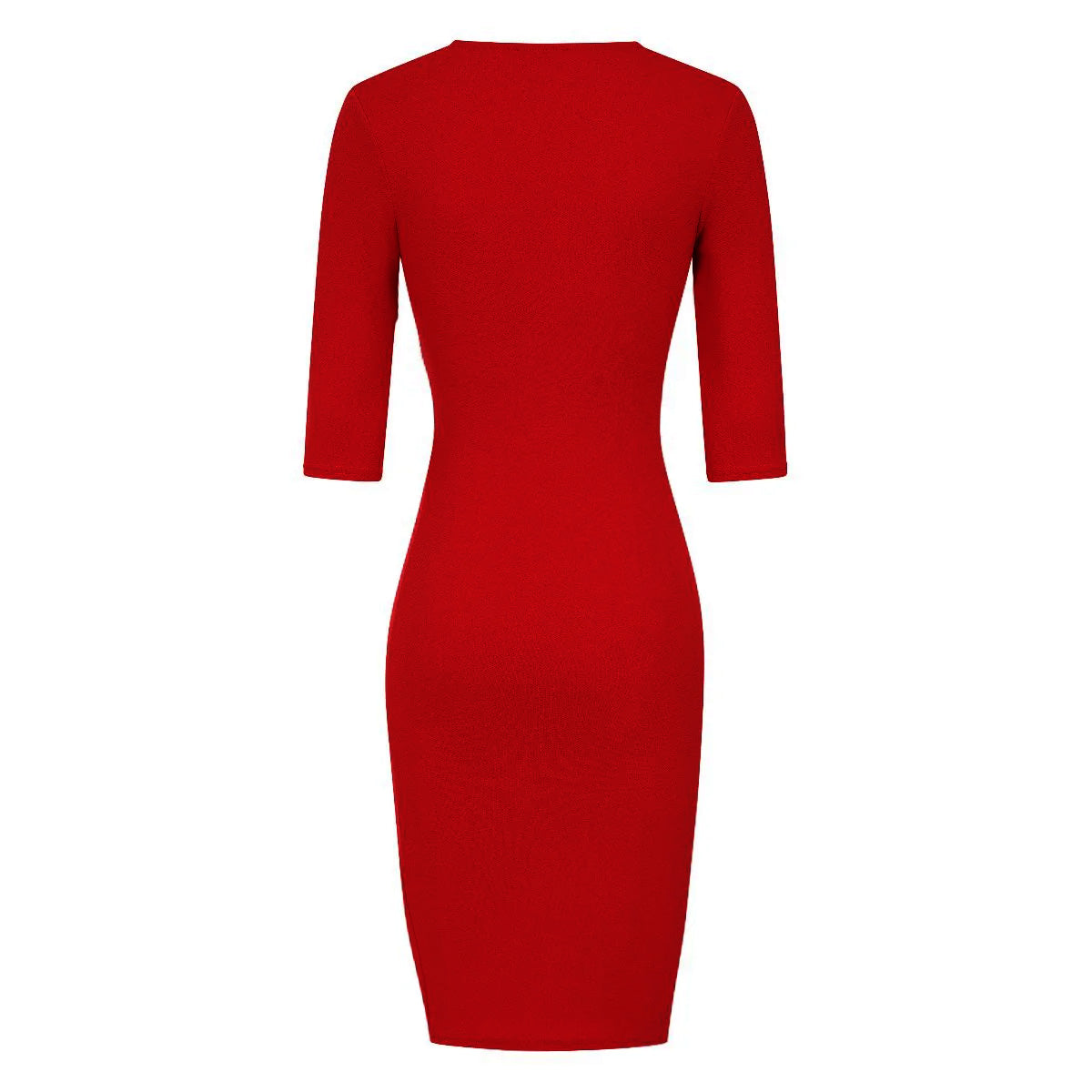 Red 3/4 sleeve deep V neck ruched detail wrap effect pencil dress