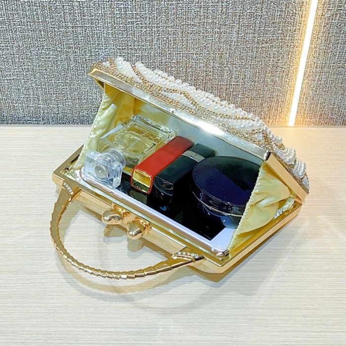 Pearl & Gold Heart Evening Clutch Handbag