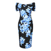 Navy & Pale Blue Floral Print Wiggle Pencil Dress w/ Cap Sleeves
