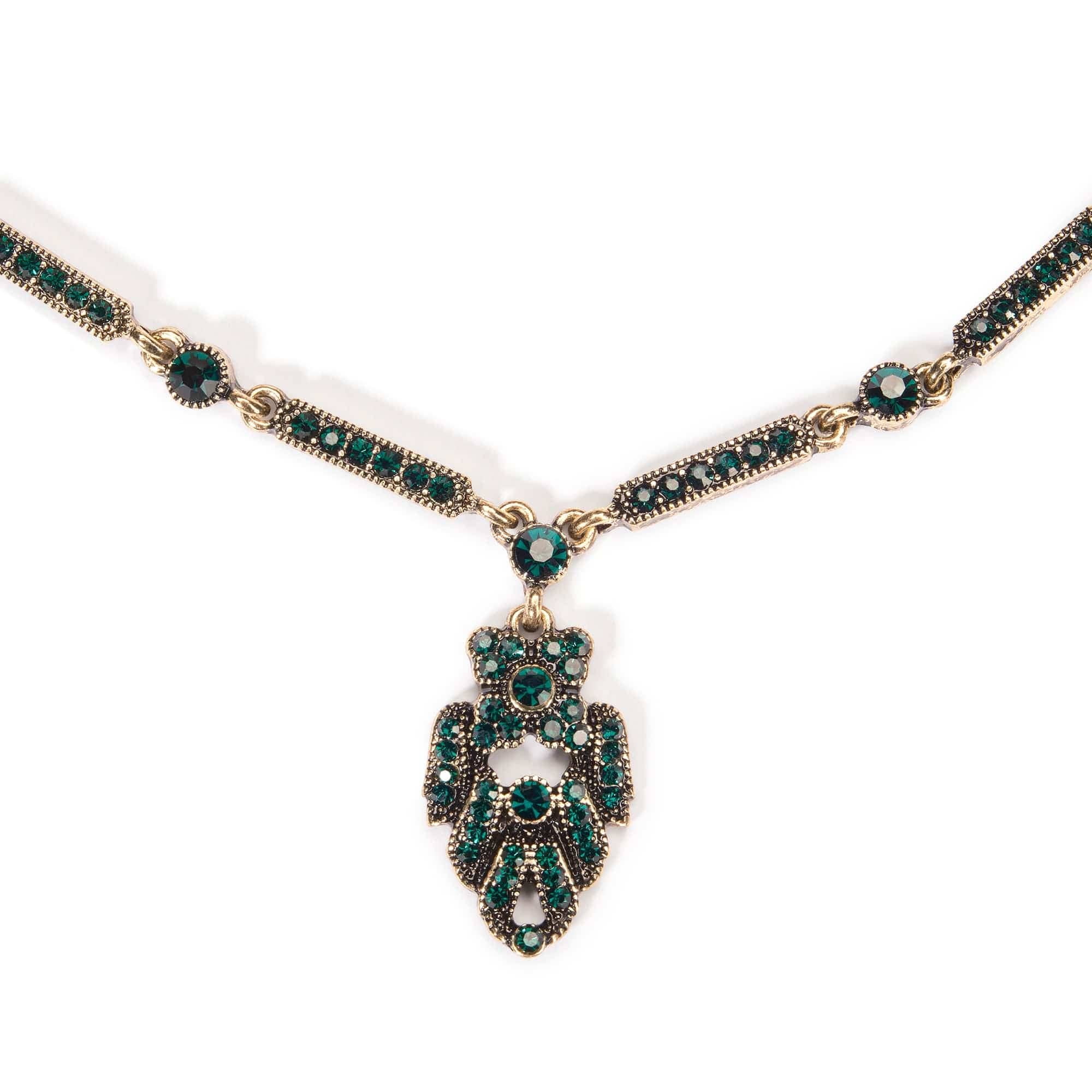 1920s Brass and Emerald Art Deco pendant crystal Necklace - Pretty Kitty Fashion
