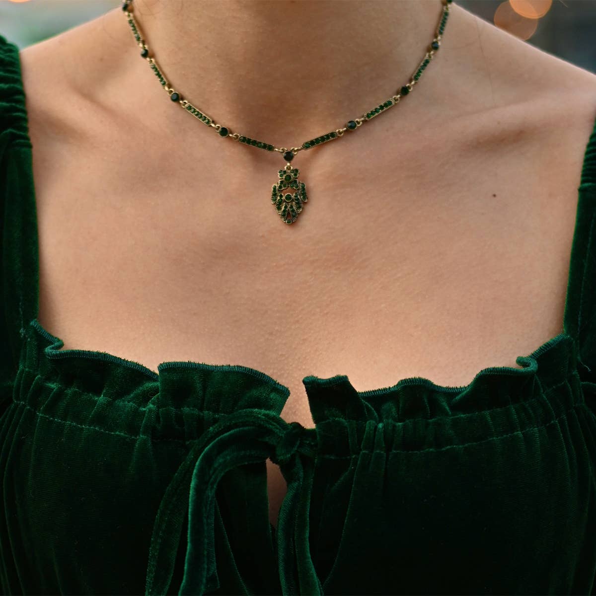 1920s Brass and Emerald Art Deco pendant crystal Necklace - Pretty Kitty Fashion