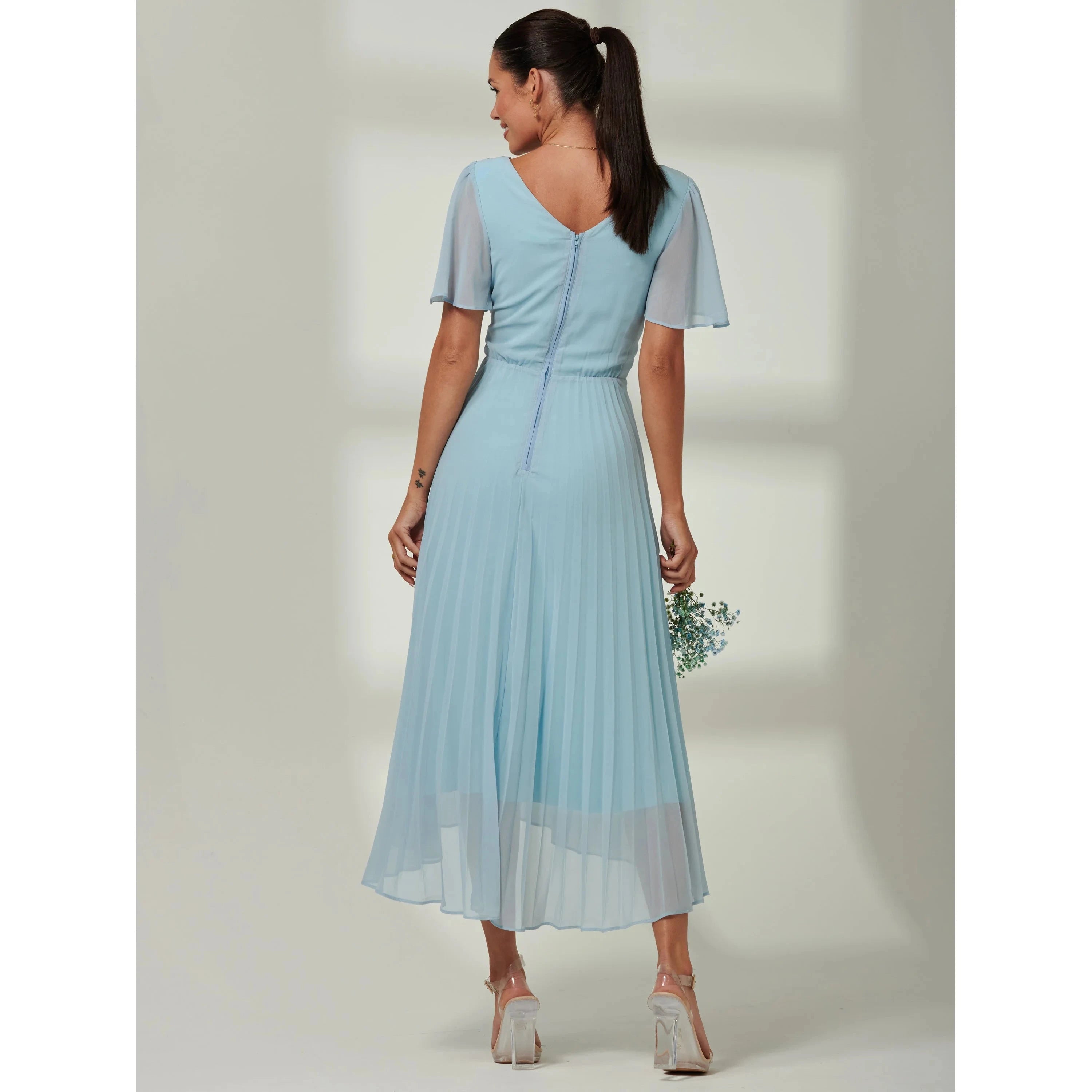 Jolie Moi Light Blue Pleated Chiffon Dress With Angel Sleeves