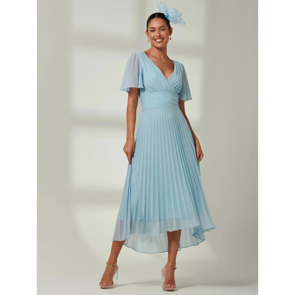 Jolie Moi Light Blue Pleated Chiffon Dress With Angel Sleeves