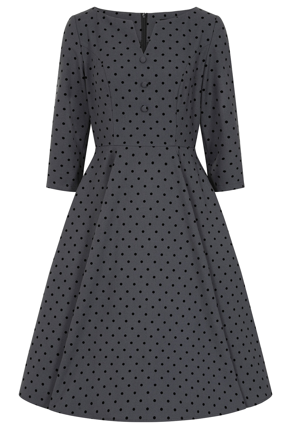 1950s Vintage Style Grey Polka Dot Swing Dress with 3/4 Sleeves & Pockets