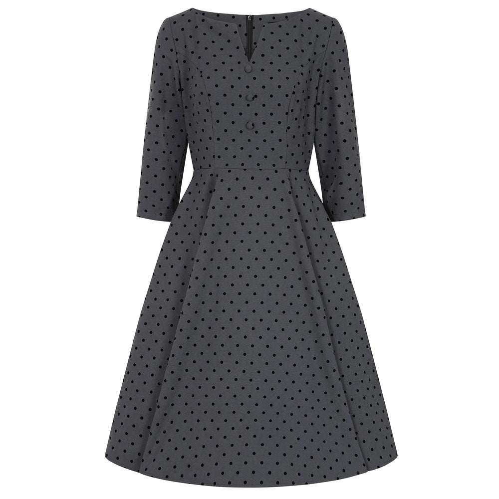1950s Vintage Style Grey Polka Dot Swing Dress with 3/4 Sleeves & Pockets