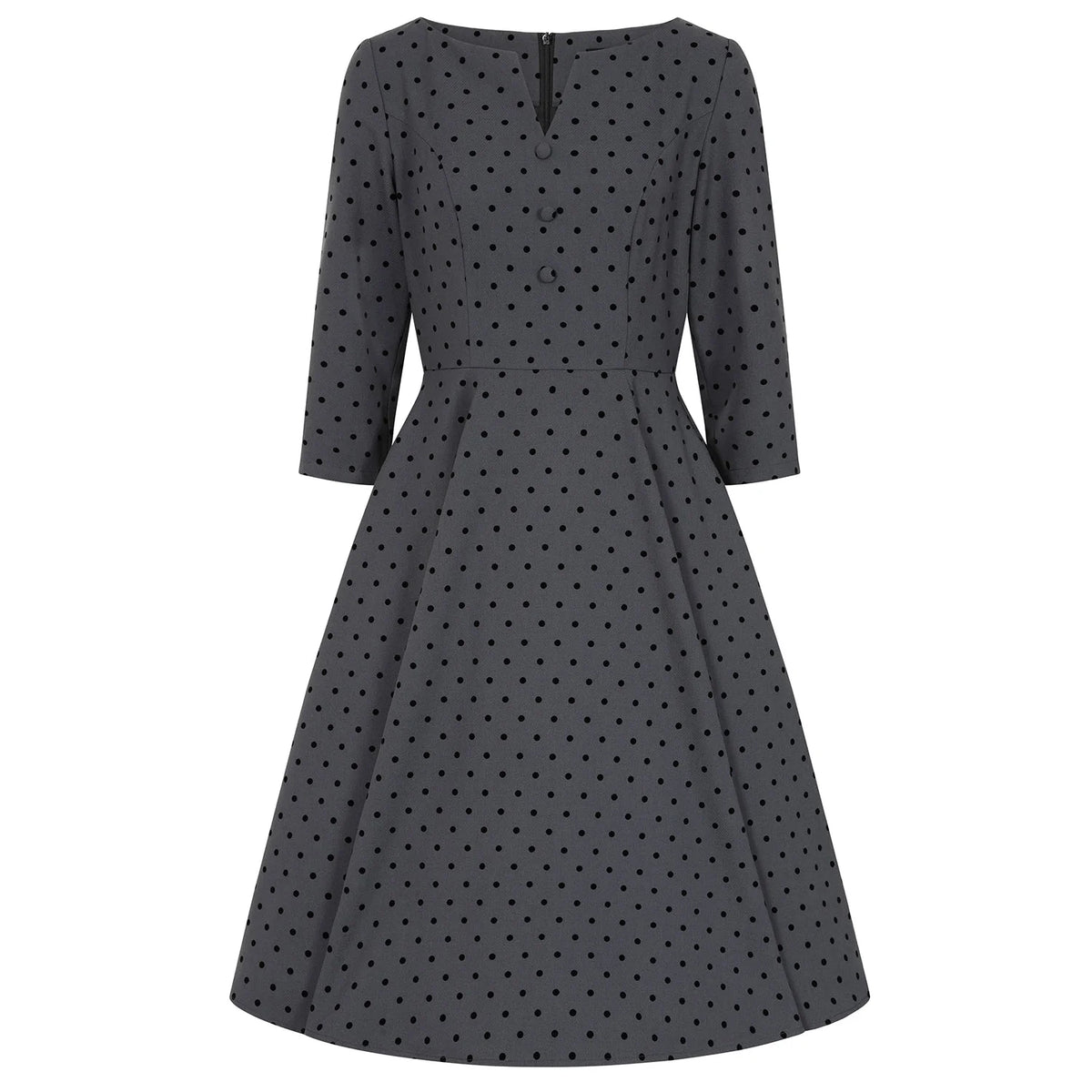1950s Vintage Style Grey Polka Dot Swing Dress with 3/4 Sleeves & Pockets