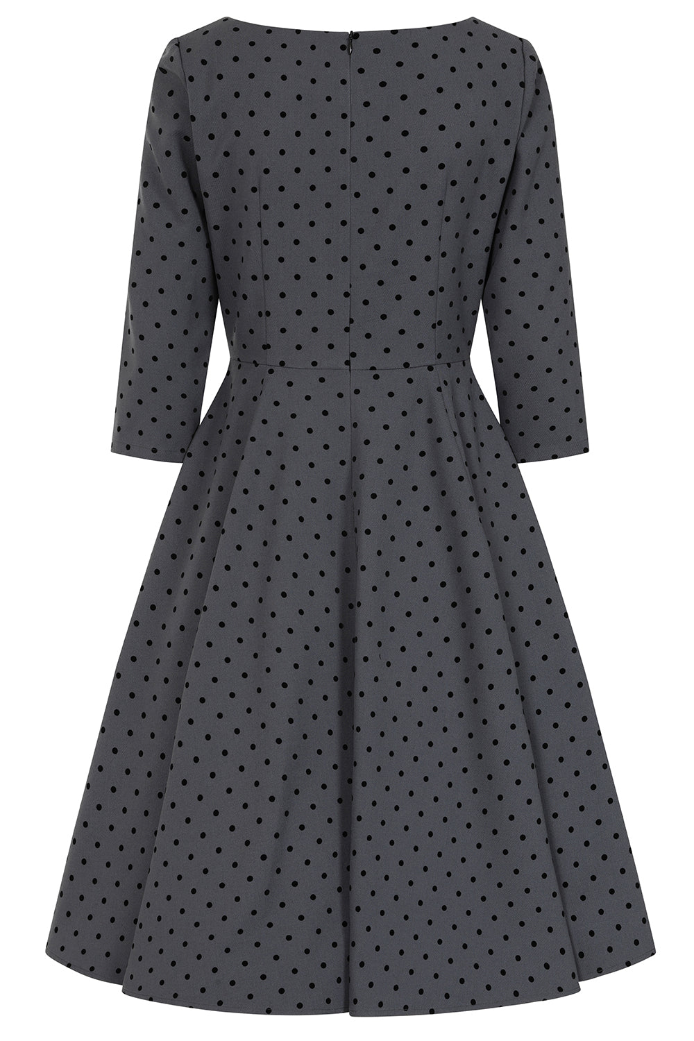 1950s Vintage Style Grey Polka Dot Swing Dress with 3/4 Sleeves & Pockets