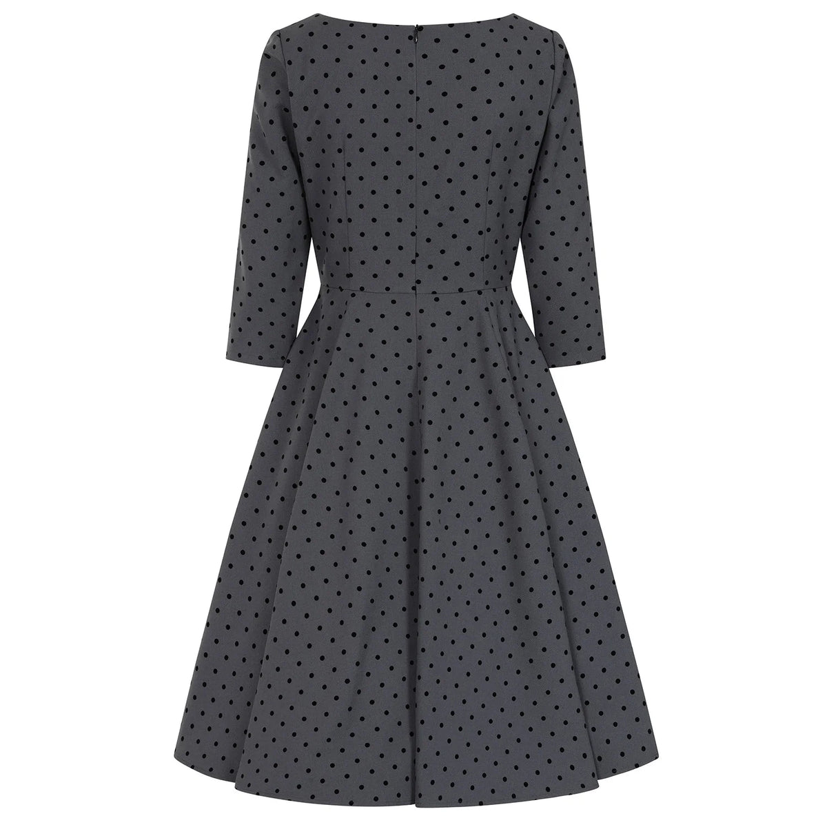 1950s Vintage Style Grey Polka Dot Swing Dress with 3/4 Sleeves & Pockets
