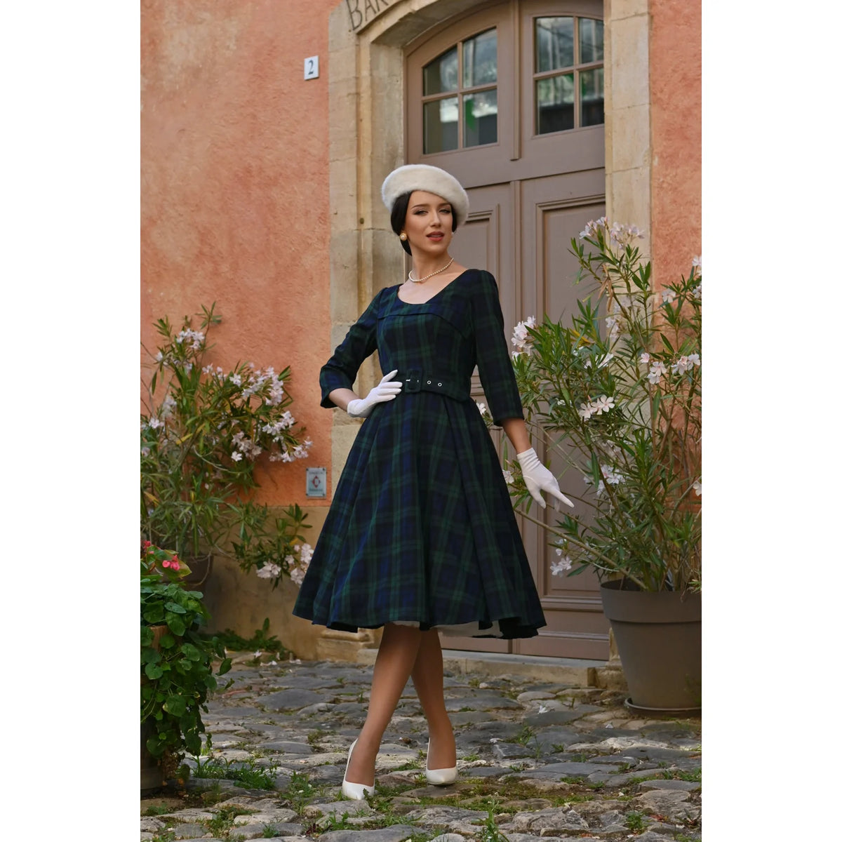 1950s Style Tartan Burns Swing Dress Fit and Flare Neck 3/4 Sleeve Dress with Pockets