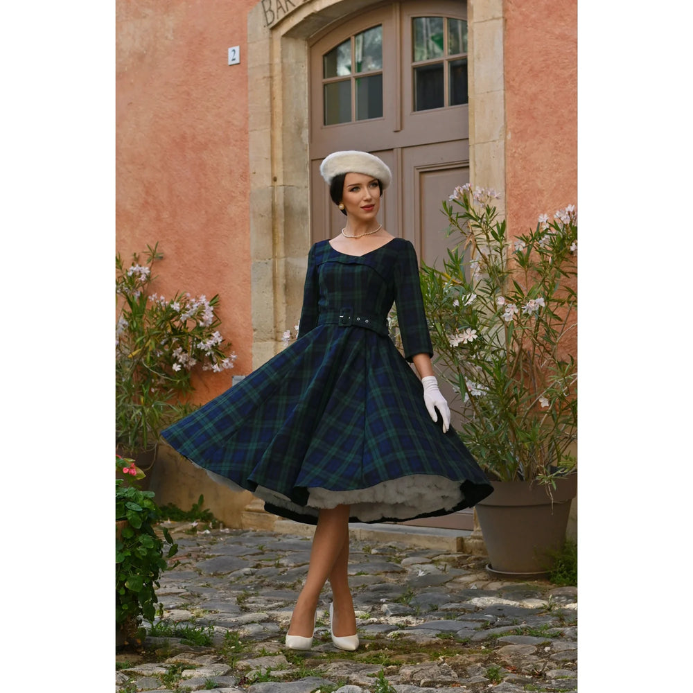 1950s Style Tartan Burns Swing Dress Fit and Flare Neck 3/4 Sleeve Dress with Pockets