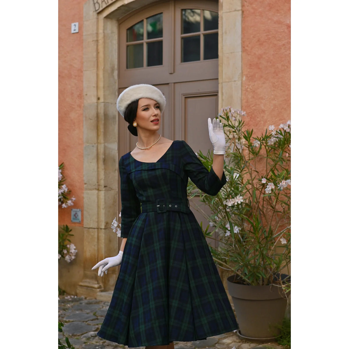 1950s Style Tartan Burns Swing Dress Fit and Flare Neck 3/4 Sleeve Dress with Pockets