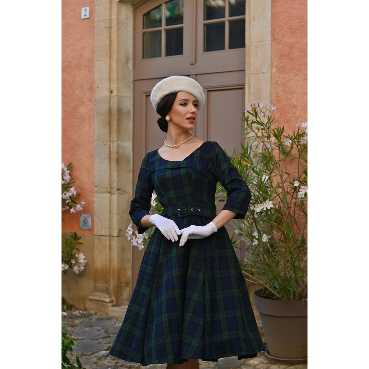 1950s Style Tartan Burns Swing Dress Fit and Flare Neck 3/4 Sleeve Dress with Pockets