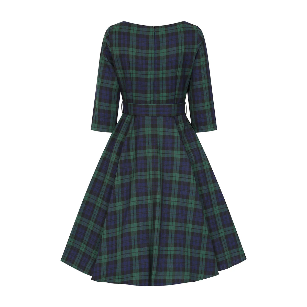 1950s Style Tartan Burns Swing Dress Fit and Flare Neck 3/4 Sleeve Dress with Pockets