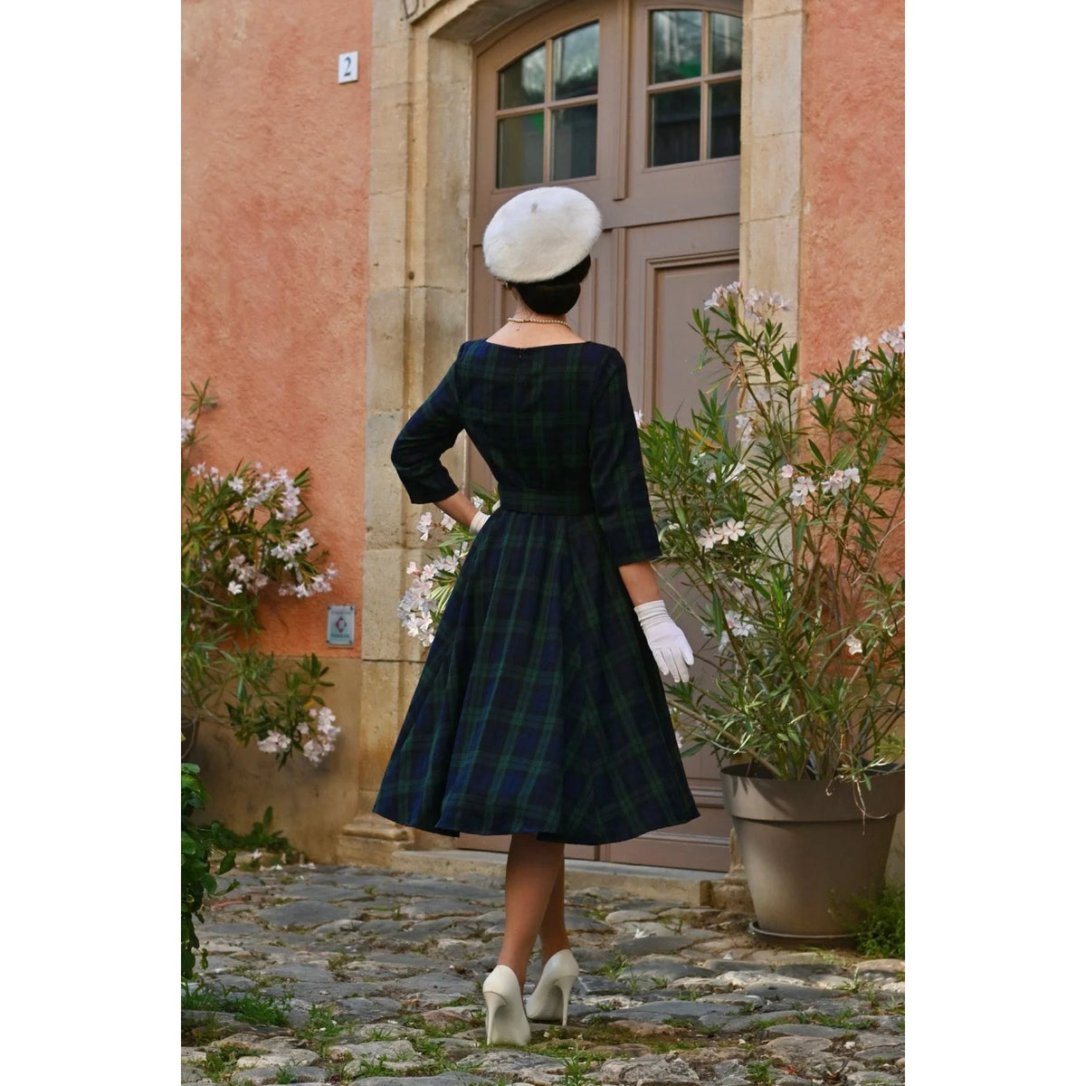 1950s Style Tartan Burns Swing Dress Fit and Flare Neck 3/4 Sleeve Dress with Pockets