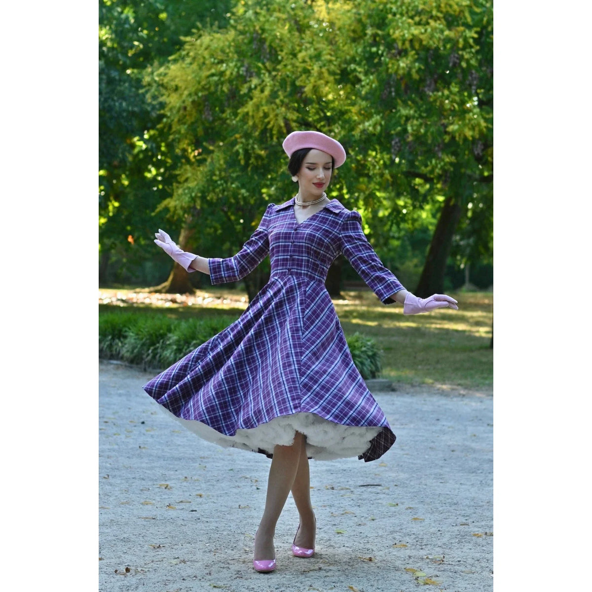1950s Style Purple Tartan Check Burns Swing Dress Fit and Flare Neck 3/4 Sleeve Dress with Pockets