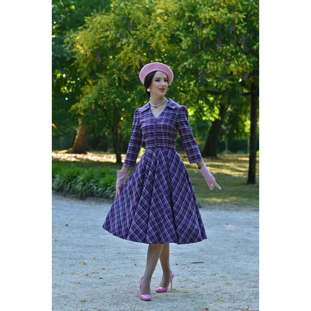 1950s Style Purple Tartan Check Burns Swing Dress Fit and Flare Neck 3/4 Sleeve Dress with Pockets