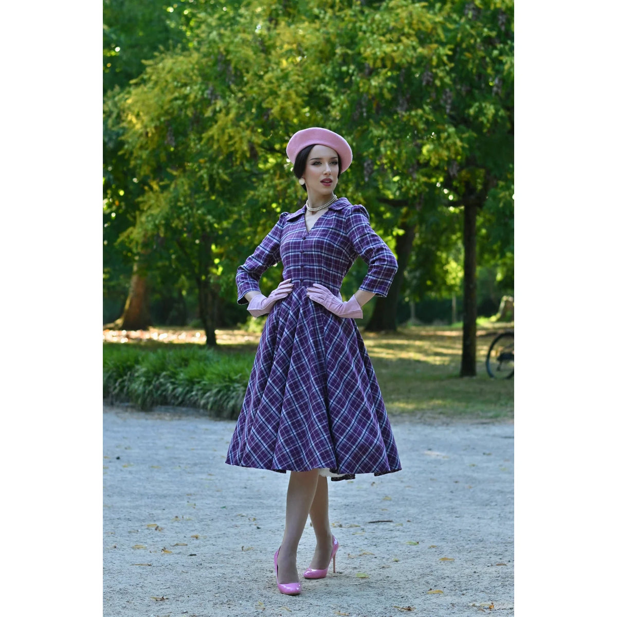 1950s Style Purple Tartan Check Burns Swing Dress Fit and Flare Neck 3/4 Sleeve Dress with Pockets