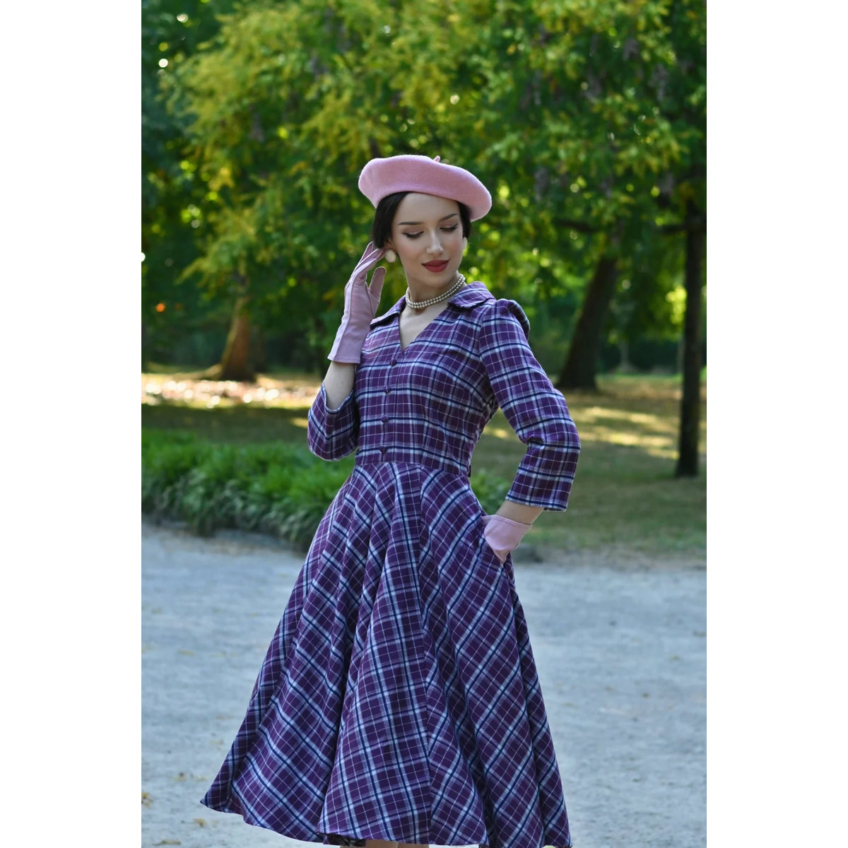 1950s Style Purple Tartan Check Burns Swing Dress Fit and Flare Neck 3/4 Sleeve Dress with Pockets