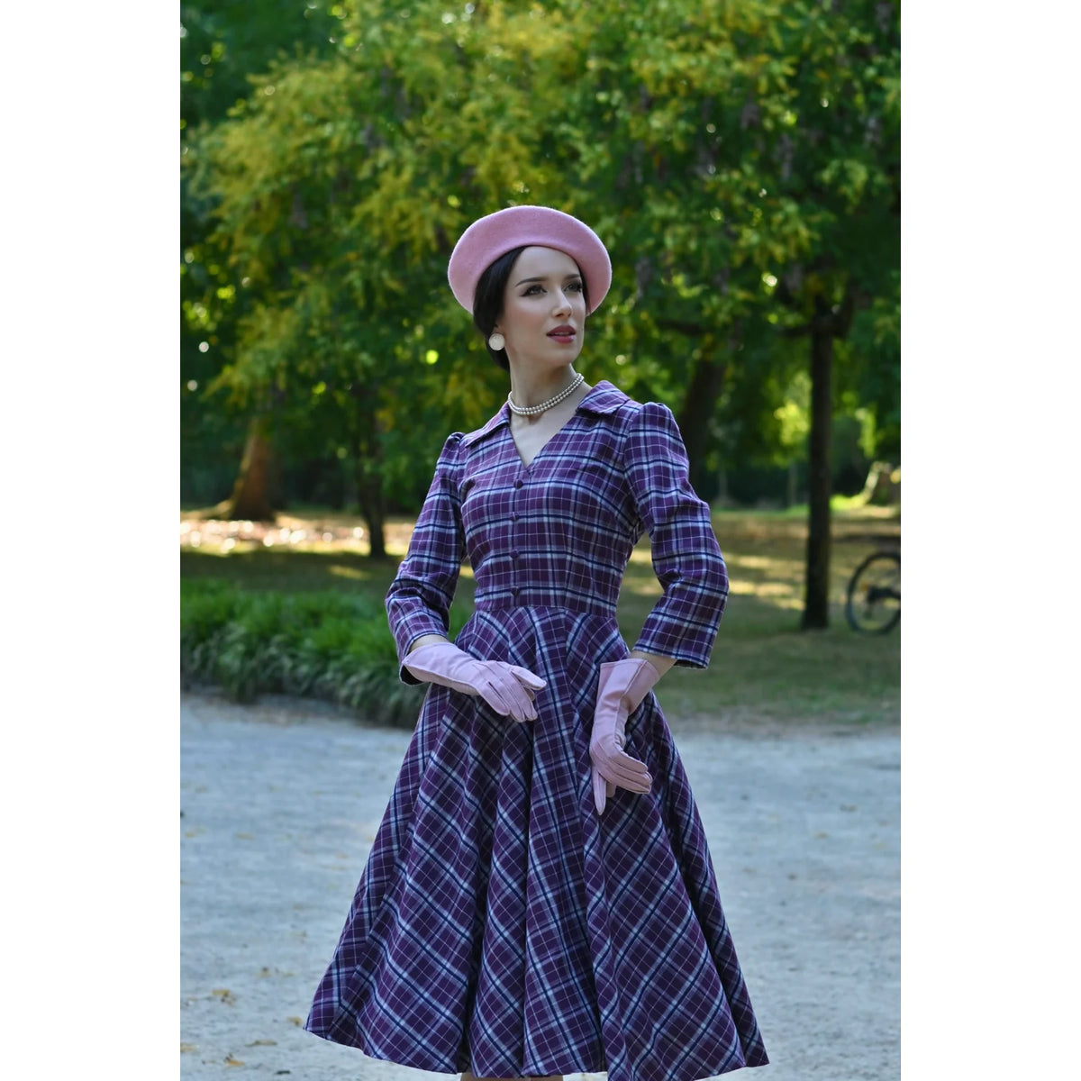 1950s Style Purple Tartan Check Burns Swing Dress Fit and Flare Neck 3/4 Sleeve Dress with Pockets