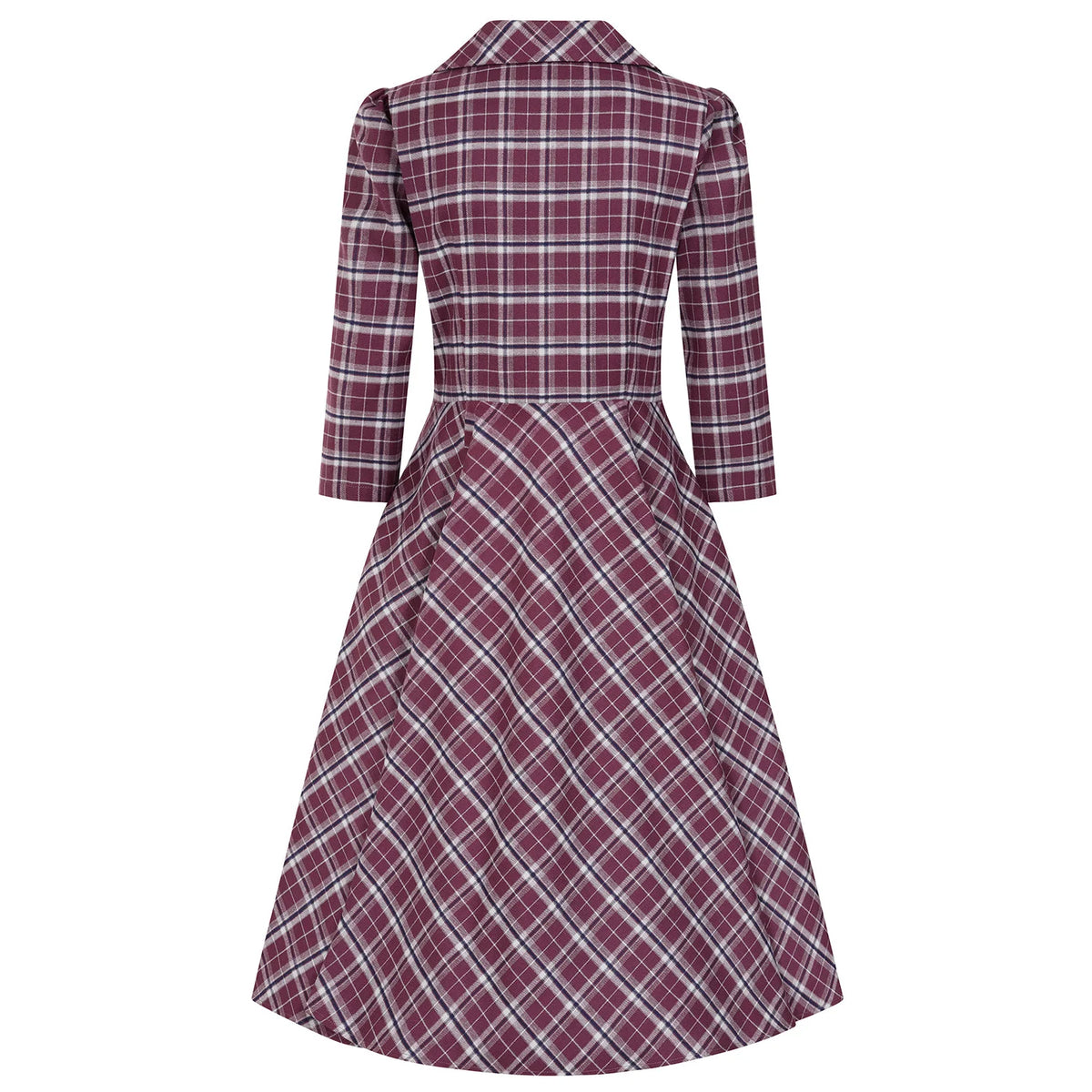 1950s Style Purple Tartan Check Burns Swing Dress Fit and Flare Neck 3/4 Sleeve Dress with Pockets