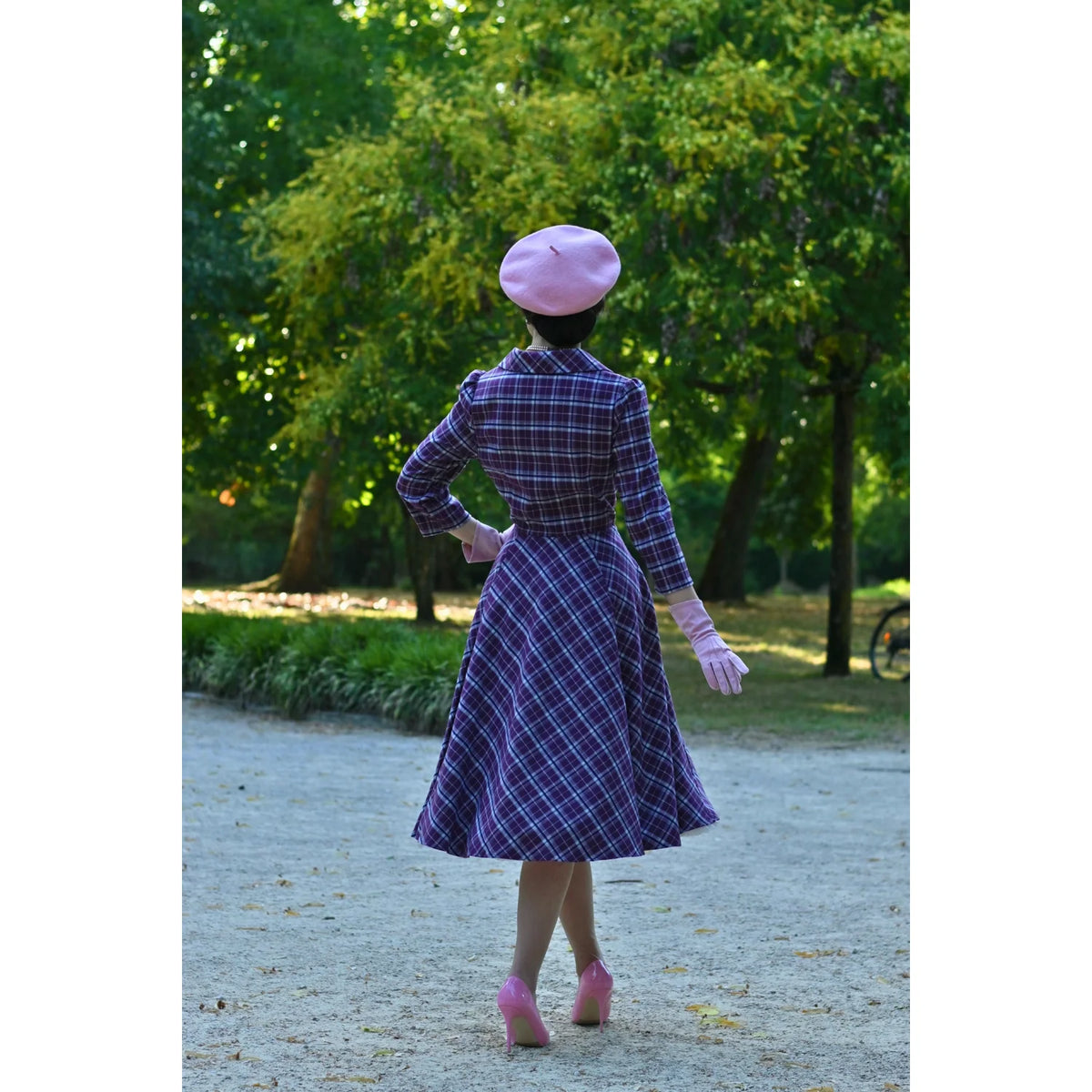 1950s Style Purple Tartan Check Burns Swing Dress Fit and Flare Neck 3/4 Sleeve Dress with Pockets