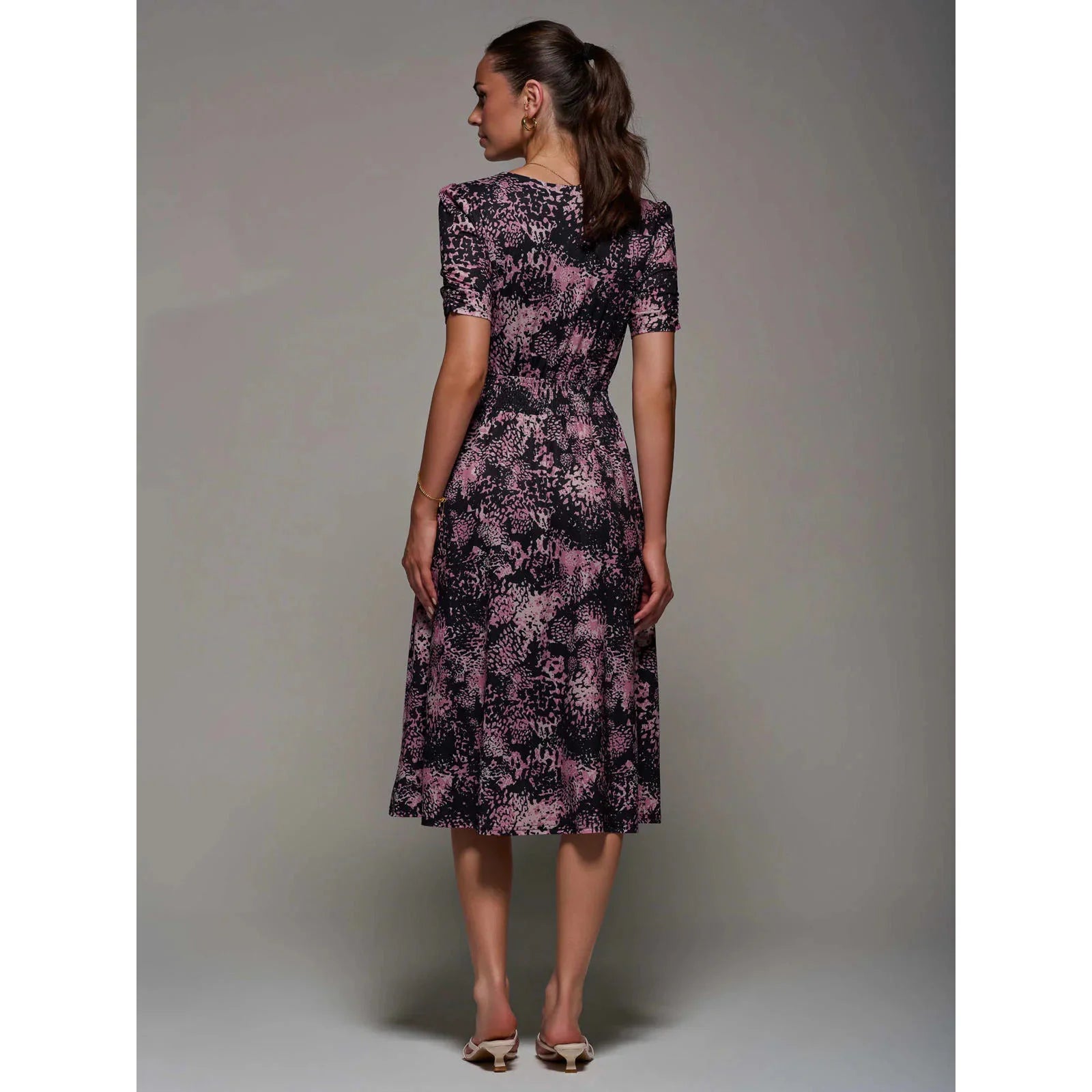 Jolie Moi Brown Black And Pink Abstract Print Ruched Waist Short Sleeve Midi Dress