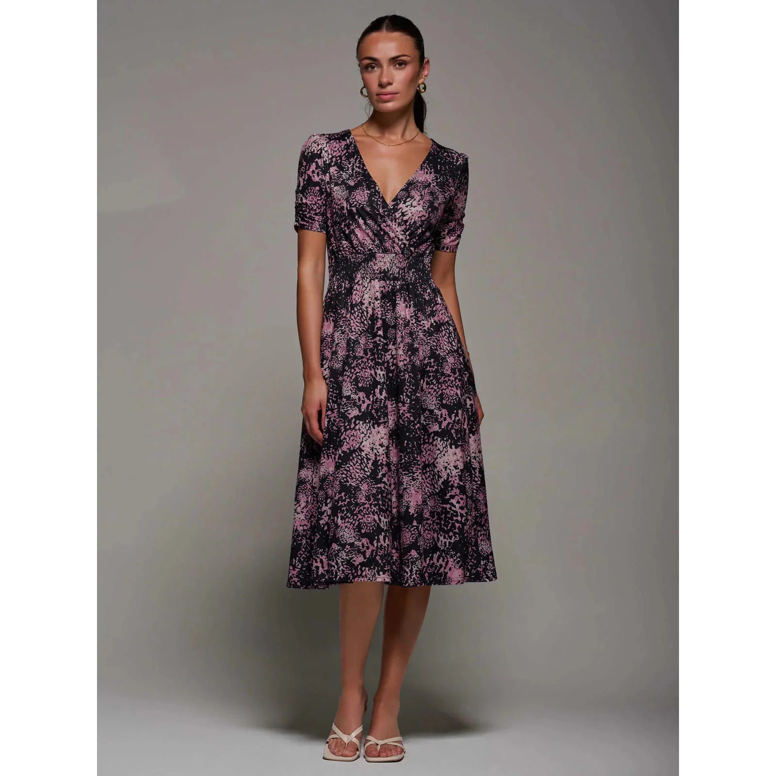 Jolie Moi Brown Black And Pink Abstract Print Ruched Waist Short Sleeve Midi Dress