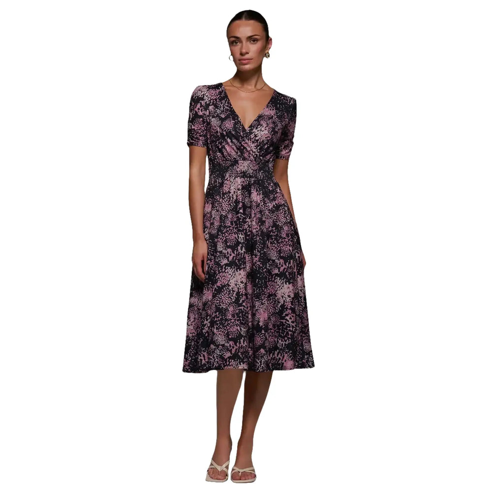Jolie Moi Brown Black And Pink Abstract Print Ruched Waist Short Sleeve Midi Dress