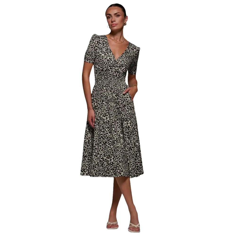 Jolie Moi Brown Leopard Print Ruched Waist Short Sleeve Midi Dress
