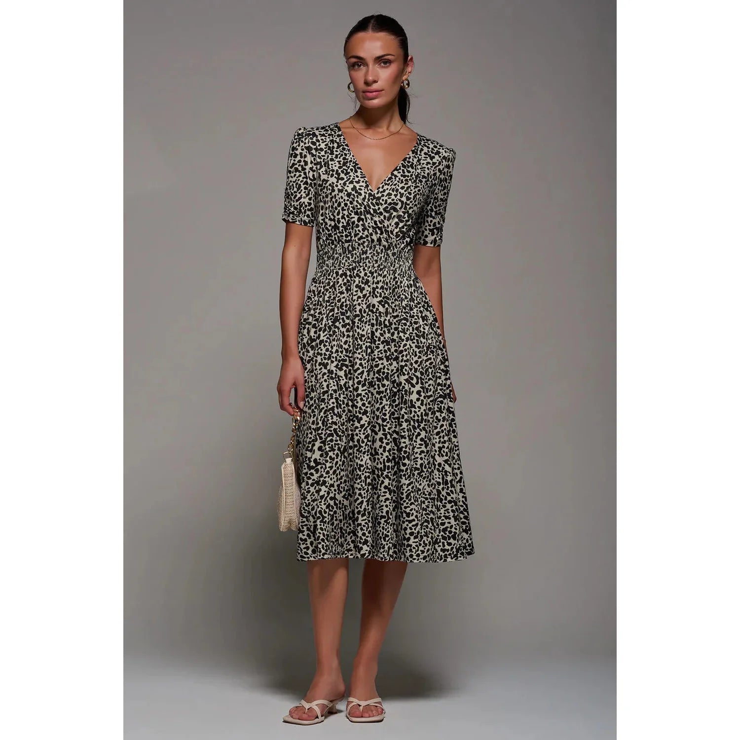 Jolie Moi Brown Leopard Print Ruched Waist Short Sleeve Midi Dress