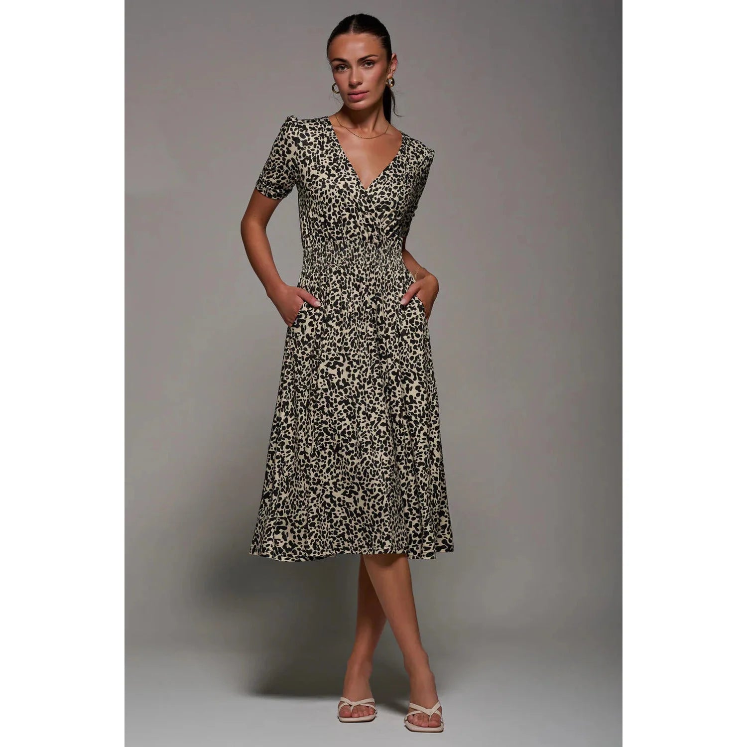 Jolie Moi Brown Leopard Print Ruched Waist Short Sleeve Midi Dress