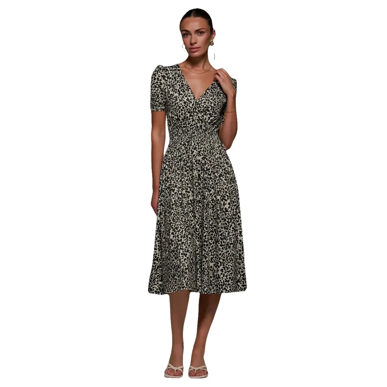 Jolie Moi Brown Leopard Print Ruched Waist Short Sleeve Midi Dress