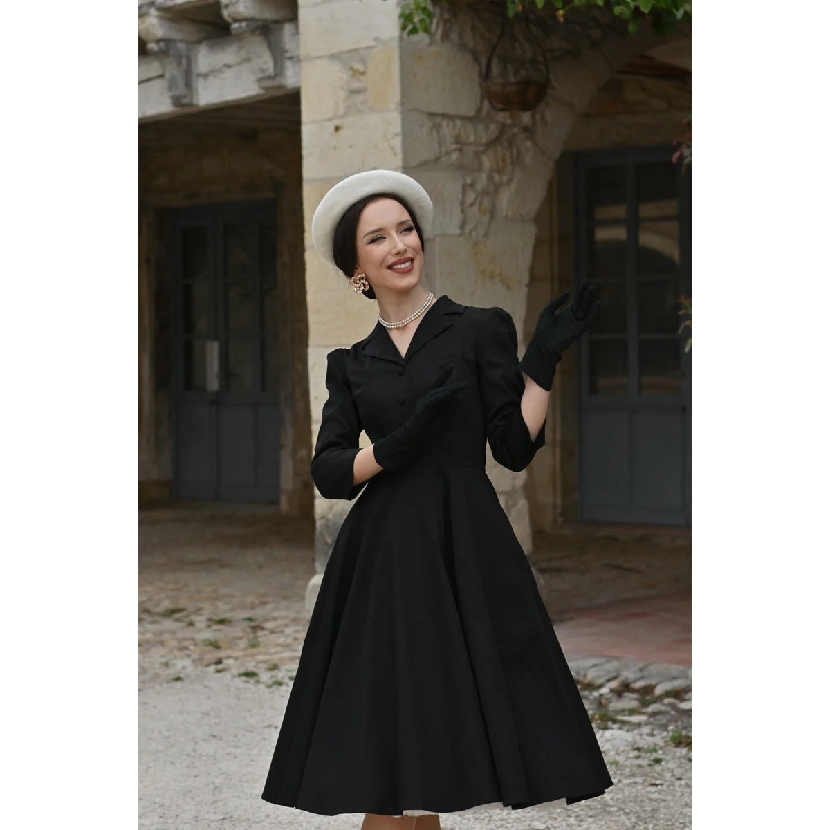 1950s Style Black Cotton Tea Dress with Lapel Collar