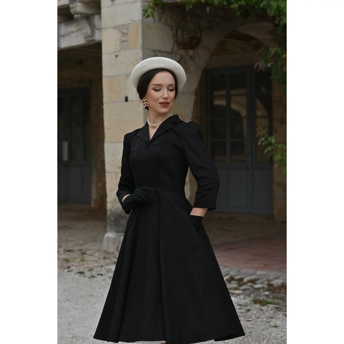 1950s Style Black Cotton Tea Dress with Lapel Collar
