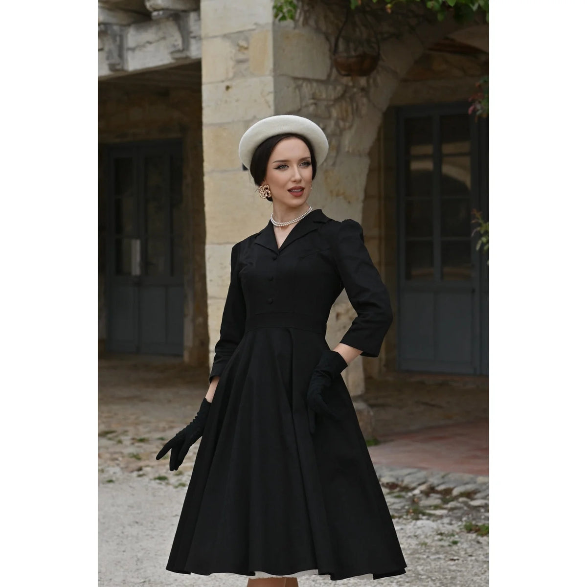 1950s Style Black Cotton Tea Dress with Lapel Collar