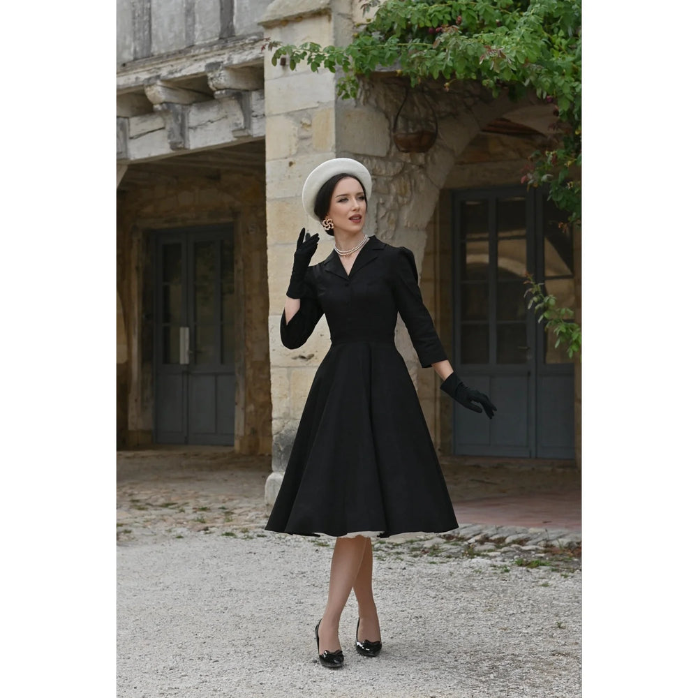 1950s Style Black Cotton Tea Dress with Lapel Collar