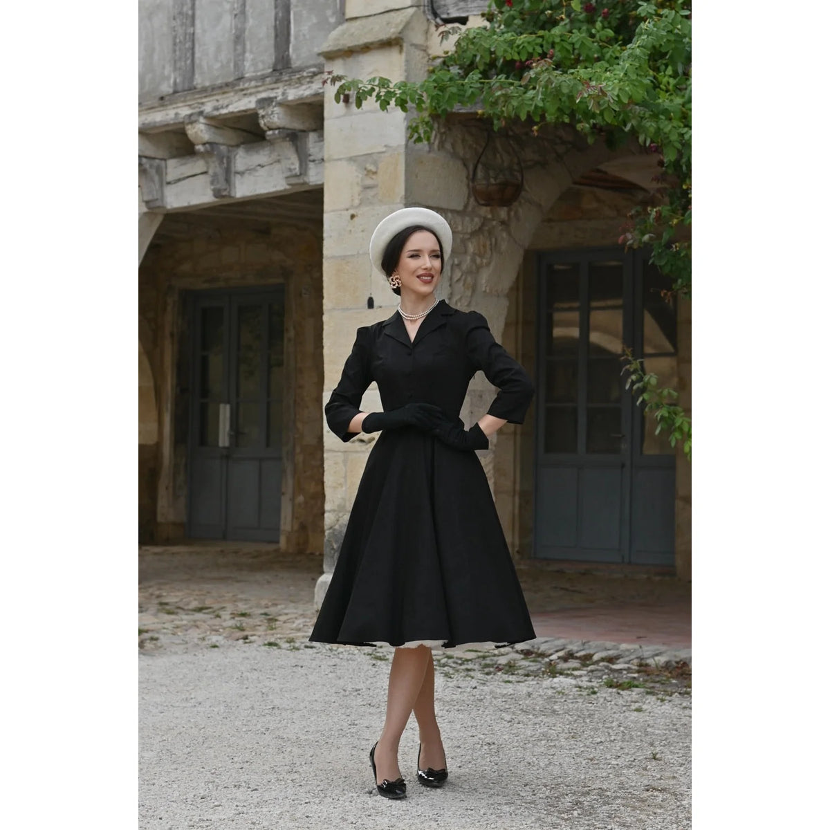1950s Style Black Cotton Tea Dress with Lapel Collar