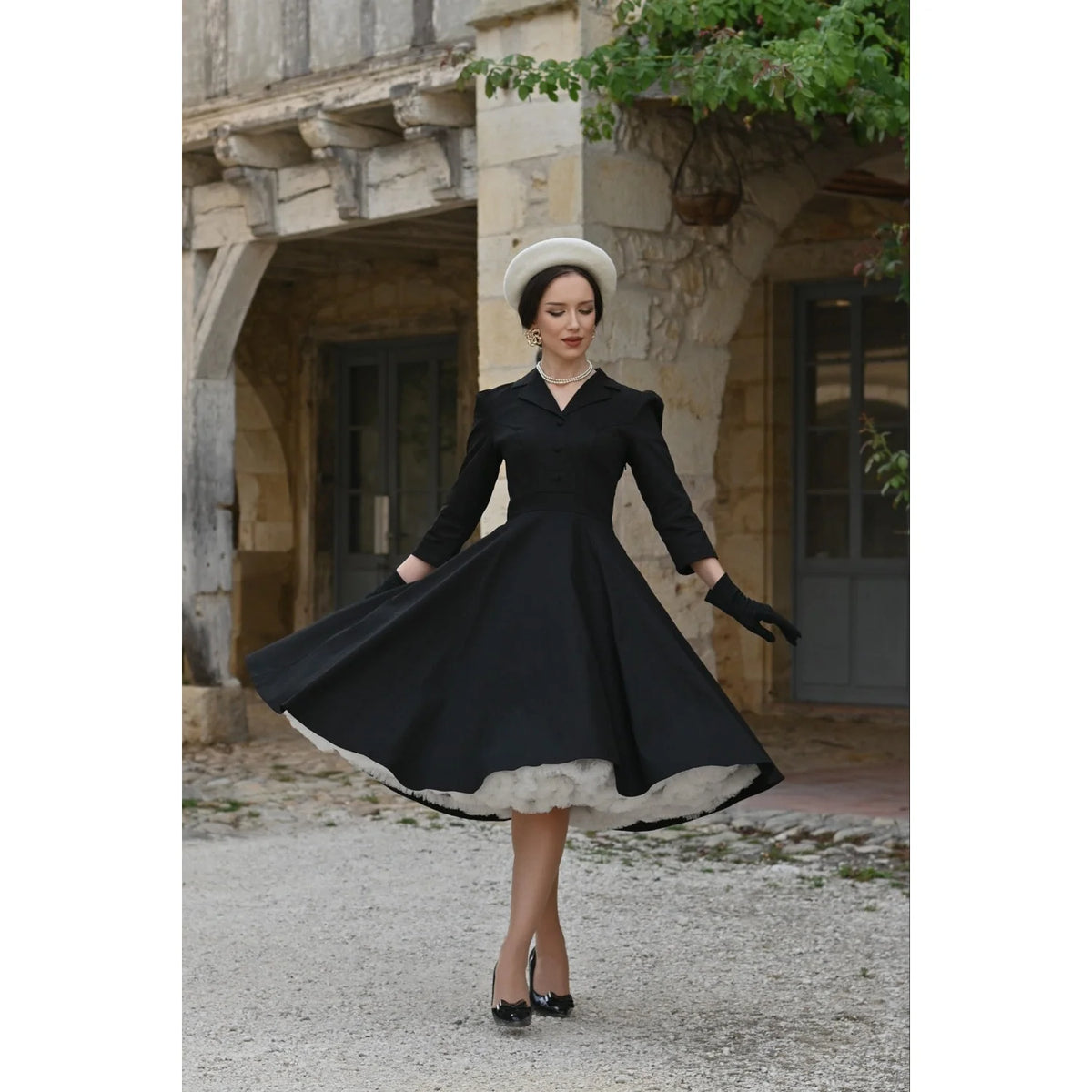 1950s Style Black Cotton Tea Dress with Lapel Collar