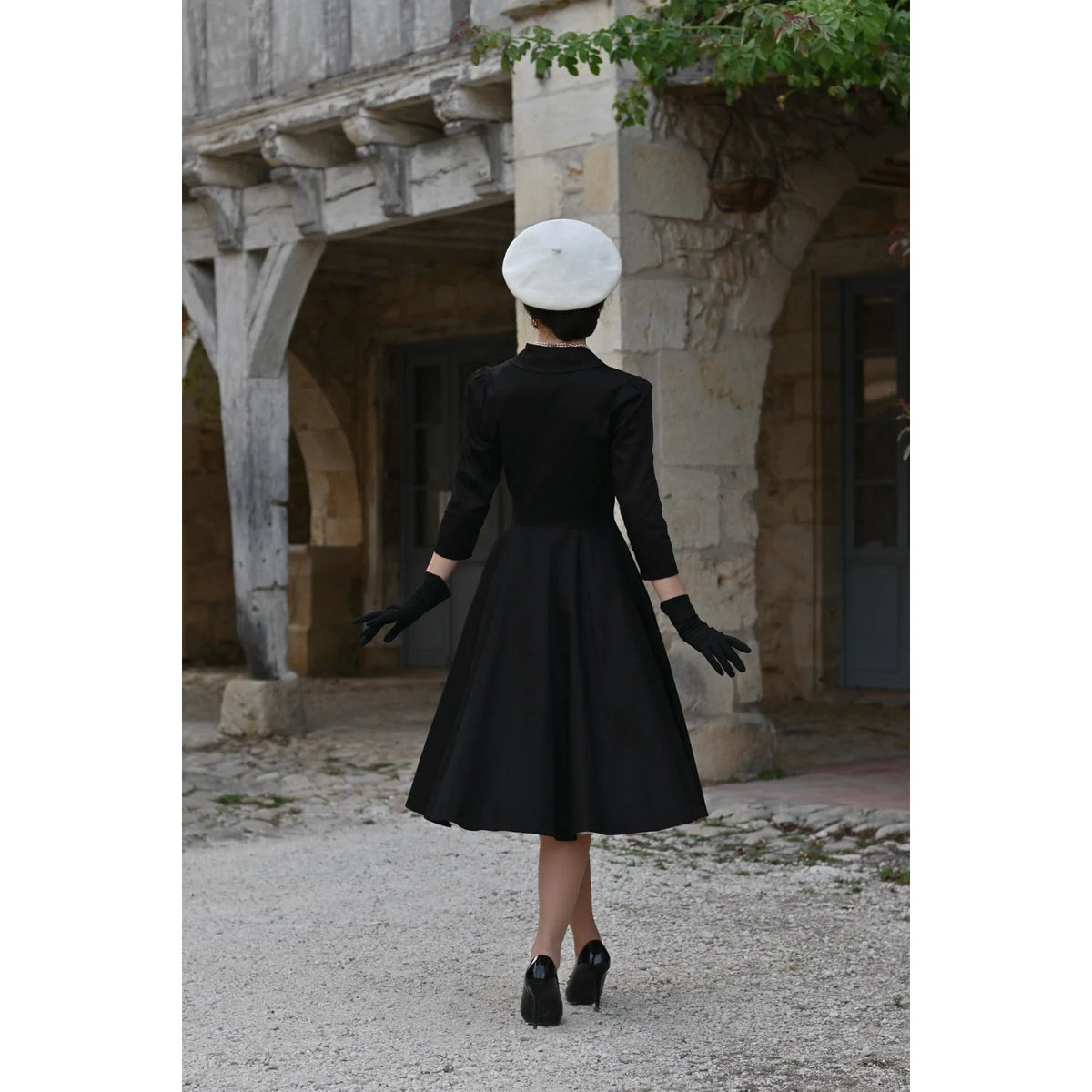 1950s Style Black Cotton Tea Dress with Lapel Collar