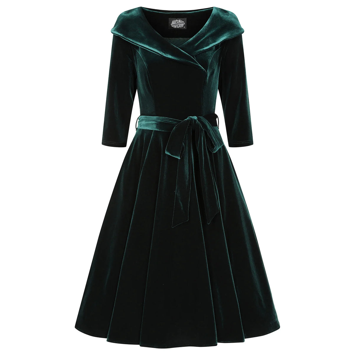 1950s Vintage Style Green Velvet Dress With 3/4 Sleeves and Pockets