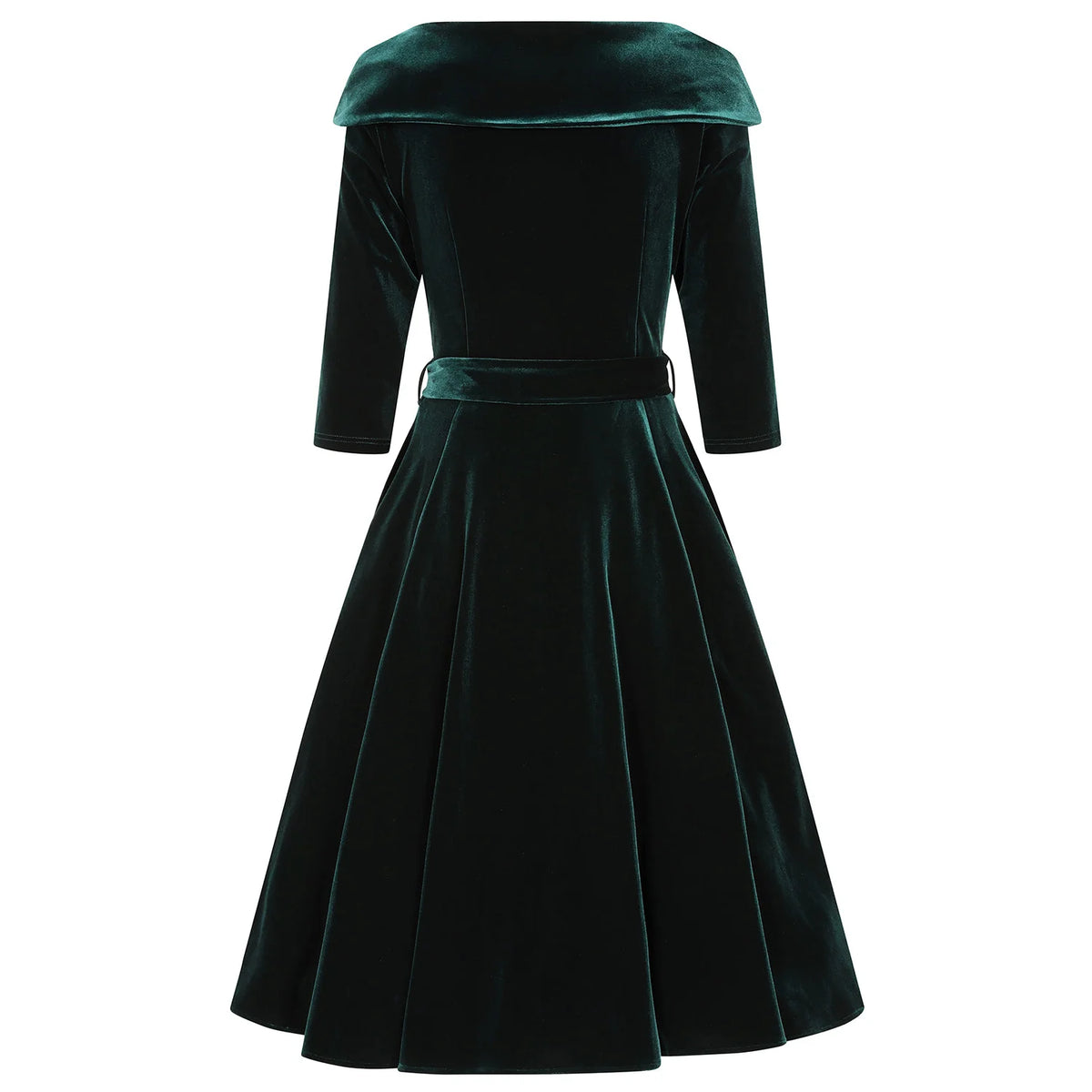 1950s Vintage Style Green Velvet Dress With 3/4 Sleeves and Pockets