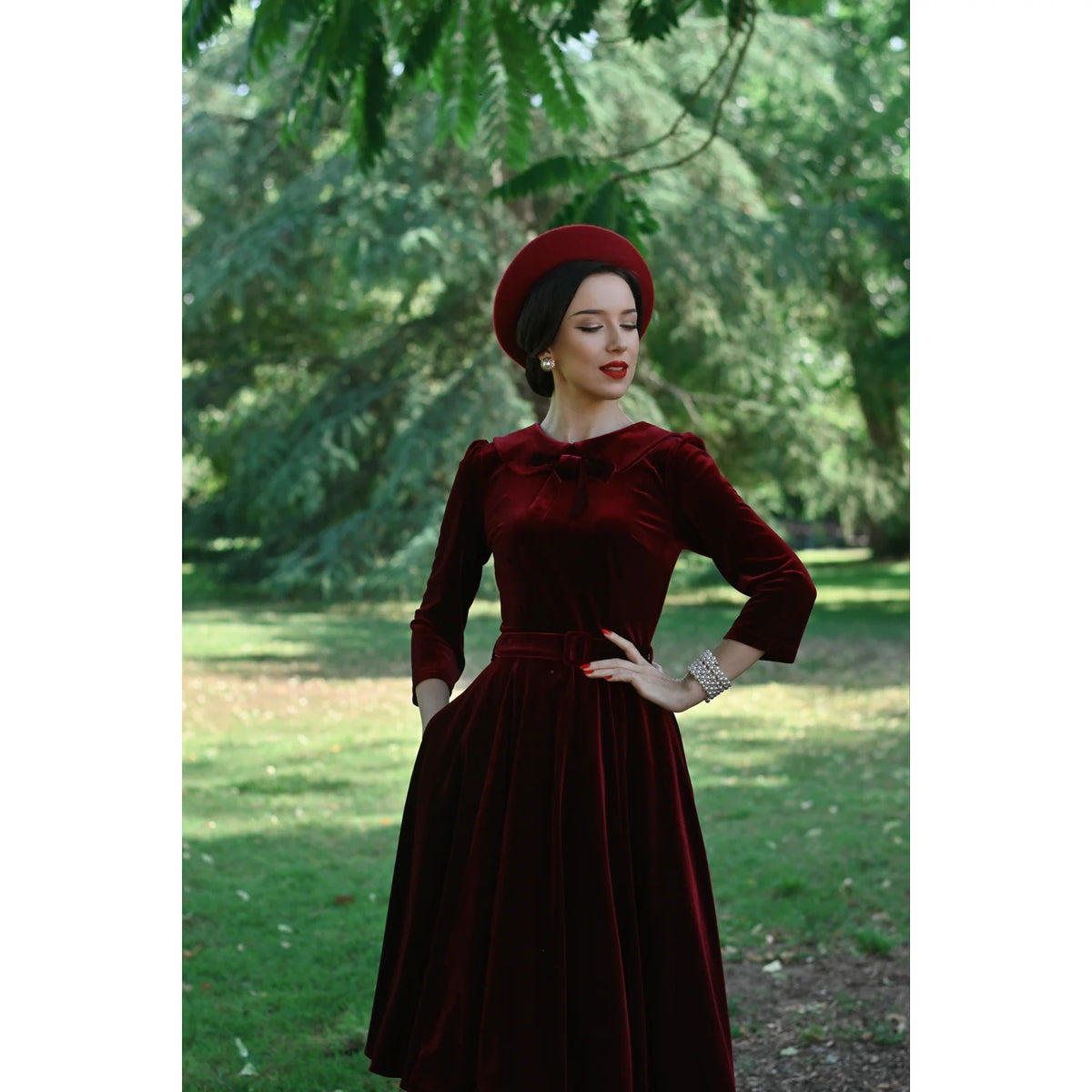 1950s Vintage Style Claret Wine Red Velvet Swing Dress with Bow Collar