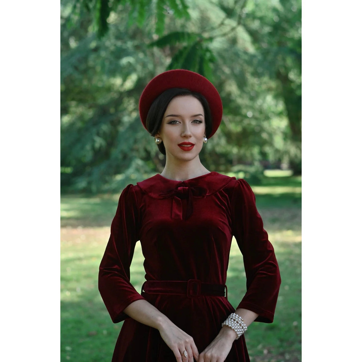 1950s Vintage Style Claret Wine Red Velvet Swing Dress with Bow Collar