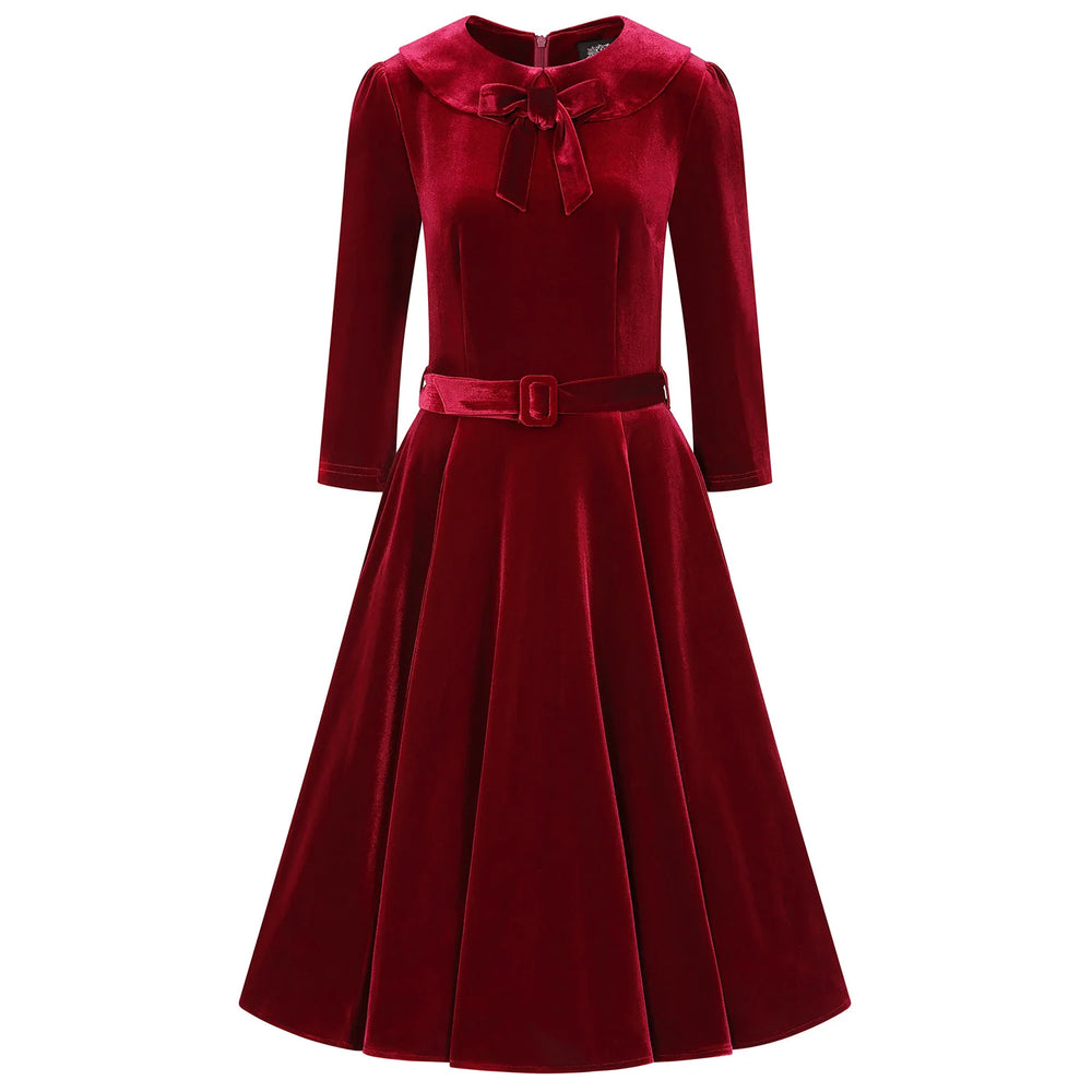 1950s Vintage Style Claret Wine Red Velvet Swing Dress with Bow Collar