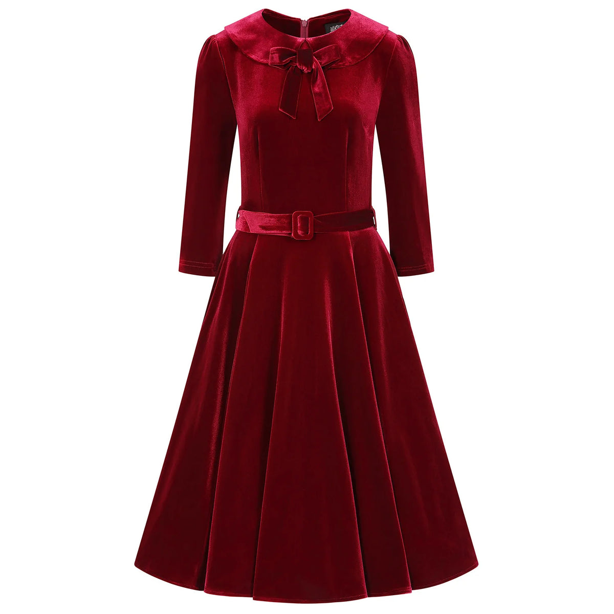1950s Vintage Style Claret Wine Red Velvet Swing Dress with Bow Collar