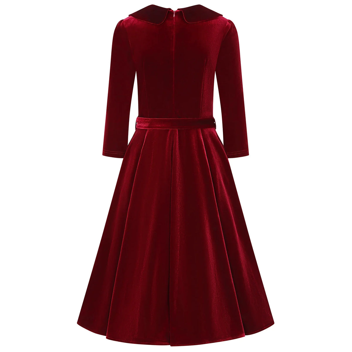 1950s Vintage Style Claret Wine Red Velvet Swing Dress with Bow Collar