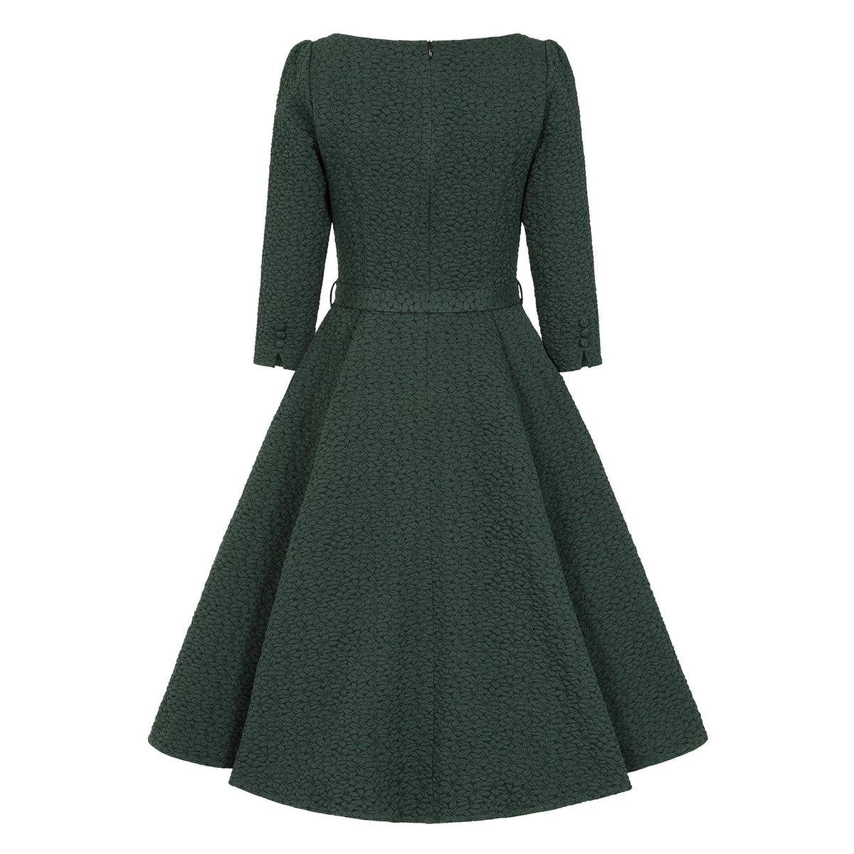 1950s Vintage Style Forest Green Embossed Floral Dress With Pockets